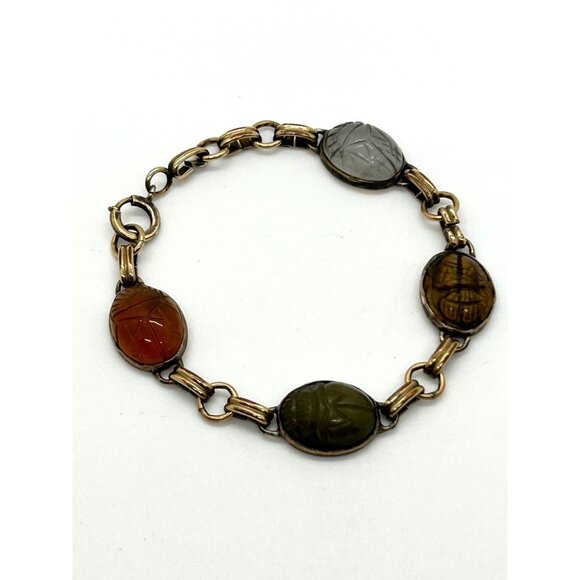 Estate Jewelry - Egyptian Revival 1920s-30s Scarab Bracelet With Carved Natural Stones & Gold-Ton